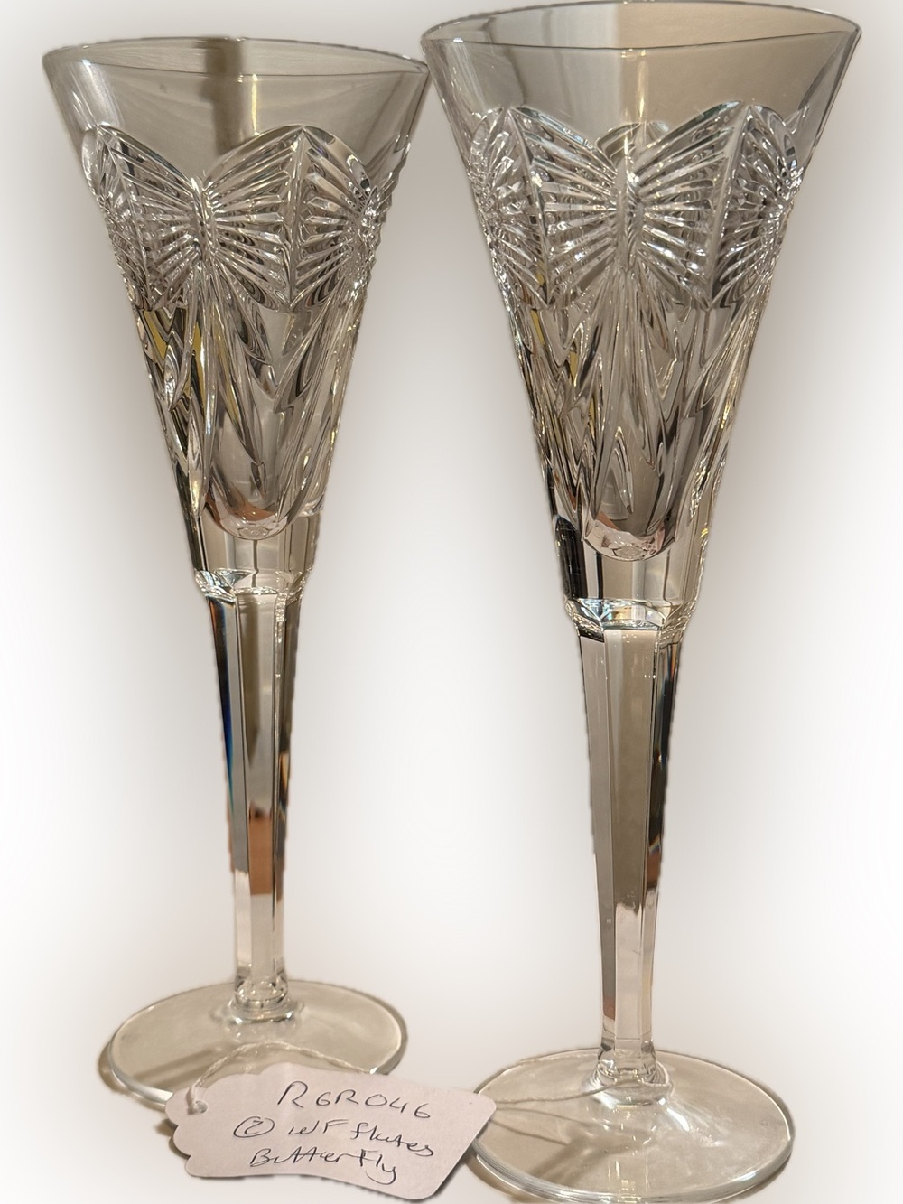 Authentic Waterford Crystal Butterfly Champagne Flutes Pair Signed Vintage